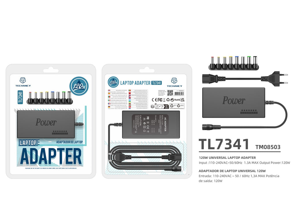 Techancy Adaptador Universal para Laptop 120W TL7341 Preto, Entrada 110-240V, Saída 120W, com Várias Conexões-3